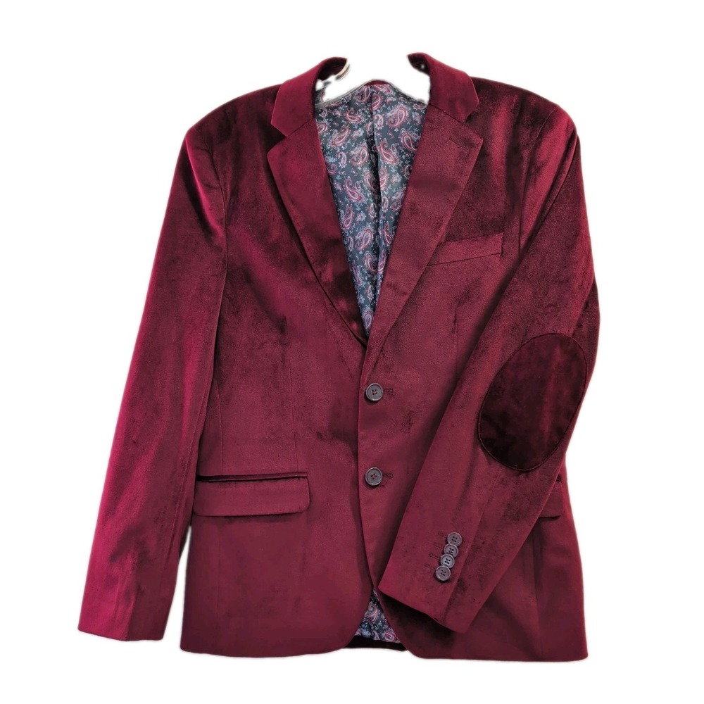 Isaac Mizrahi Velvet Blazer Boys 16 Burgundy Elbow Patches Holiday Event Formal